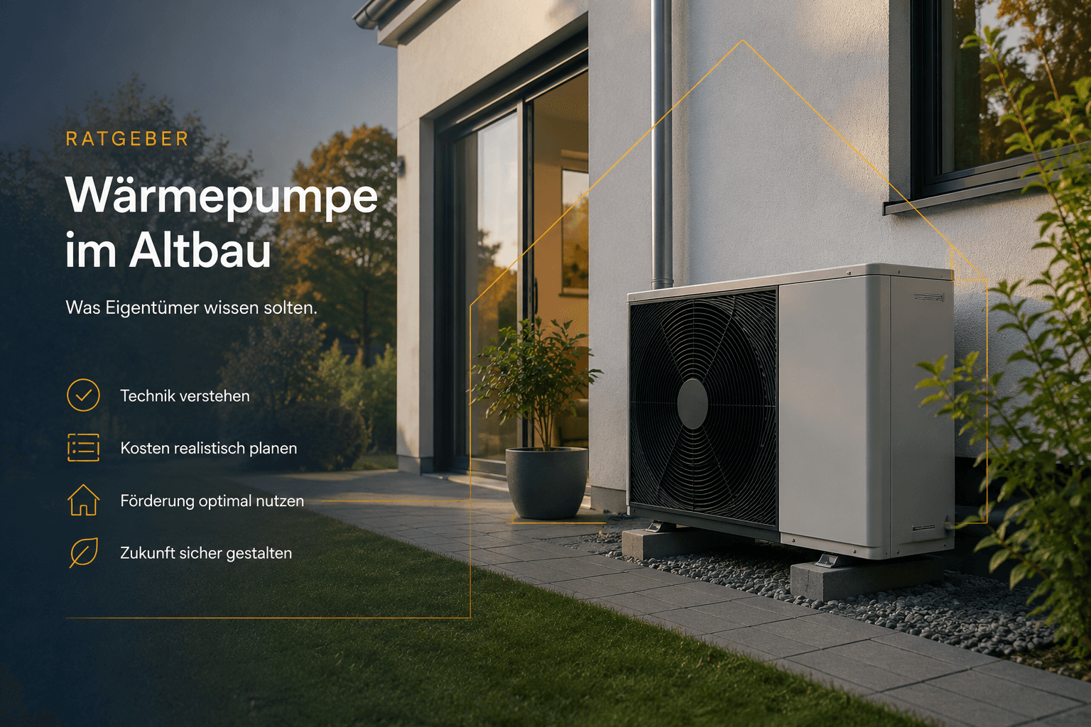 Ratgeber-Illustration: Wärmepumpe im Altbau mit technischen Hinweisen