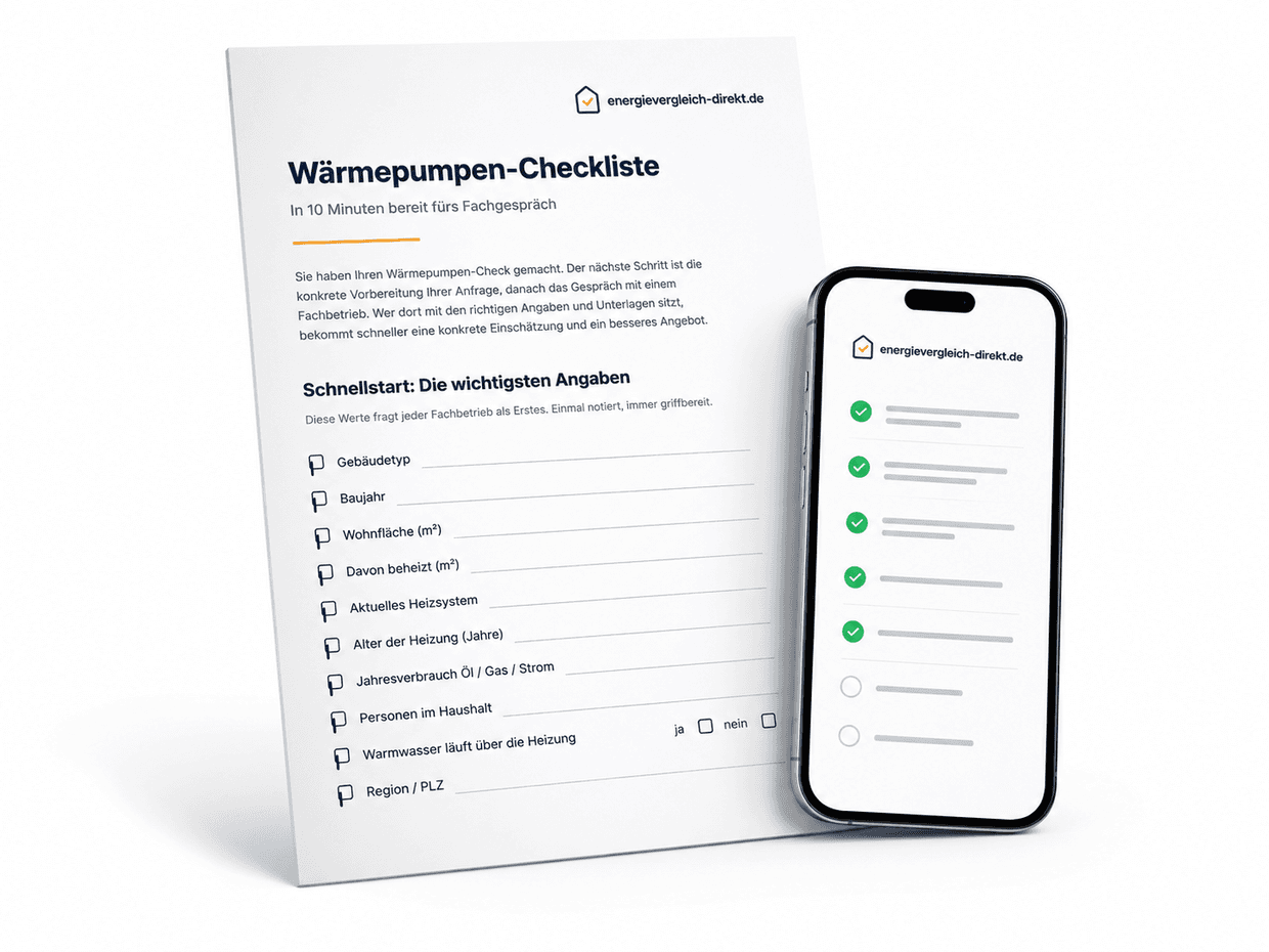 Wärmepumpen-Checkliste als gedruckte PDF-Seite und als Ansicht auf dem Smartphone